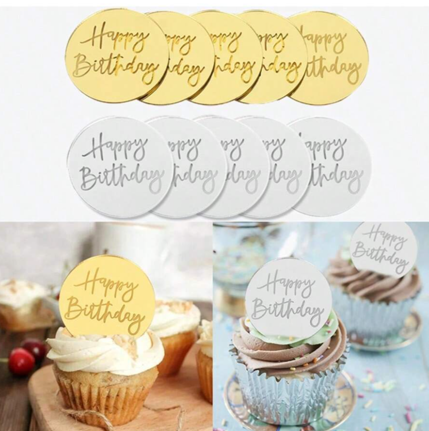 Happy Birthday Round Acrylic Gold / Silver 5Pcs