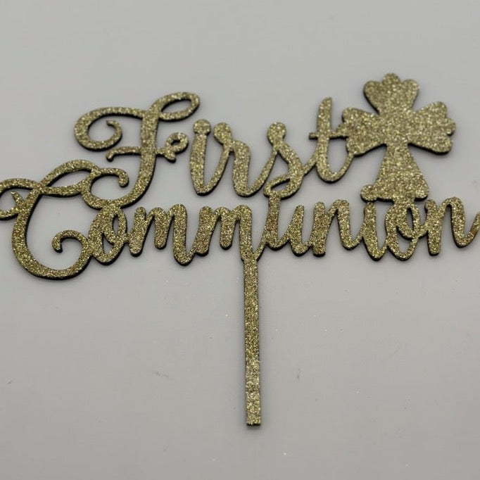 Wood Cake Topper First Communion Gold Glitter