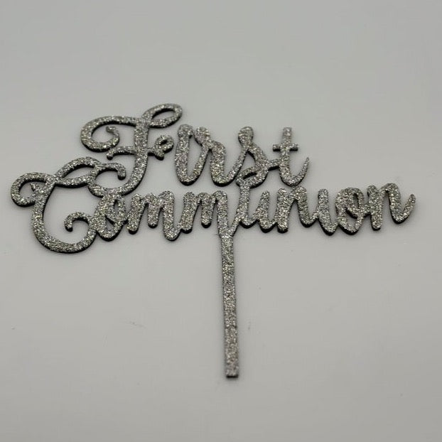 Wood Cake Topper First Communion Silver Glitter