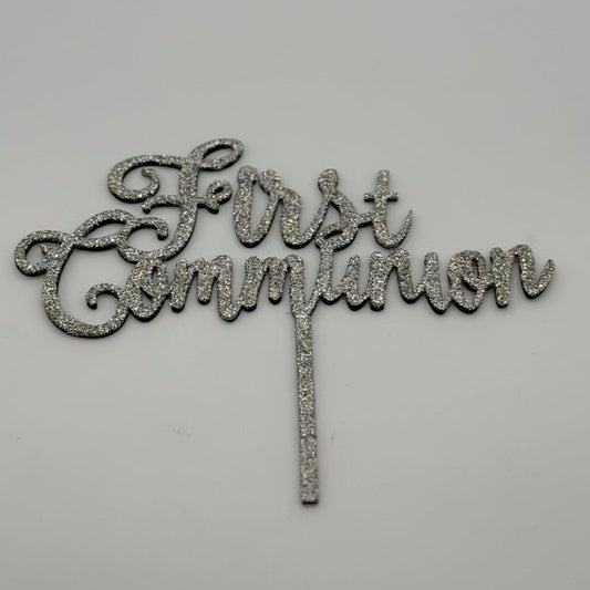 Wood Cake Topper First Communion Silver Glitter